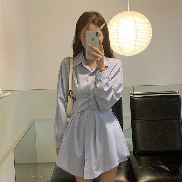 Set: Long-Sleeve Mini Shirt Dress + Shorts YP2712