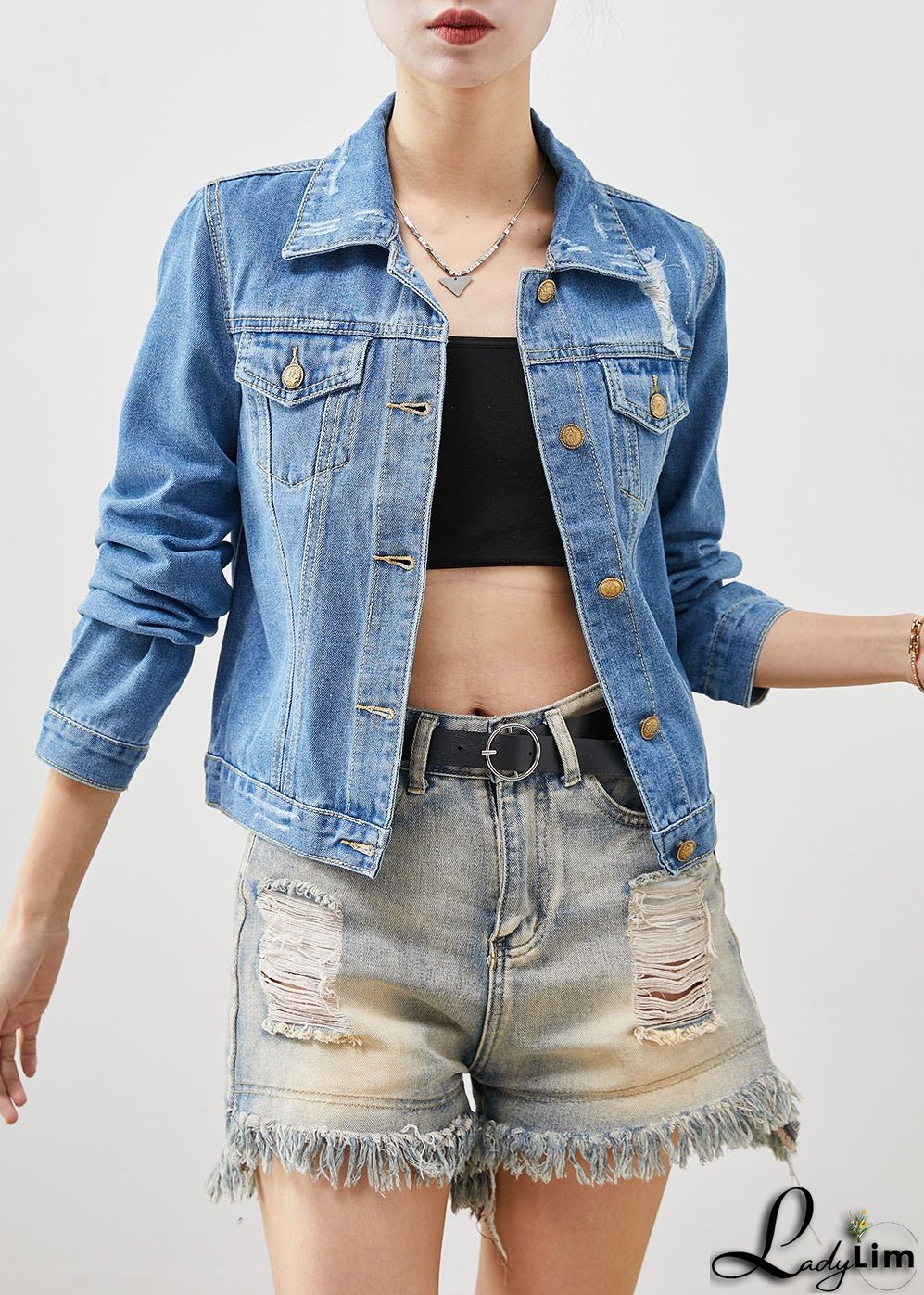 Boho Denim Blue Silm Fit Cotton Coats Spring