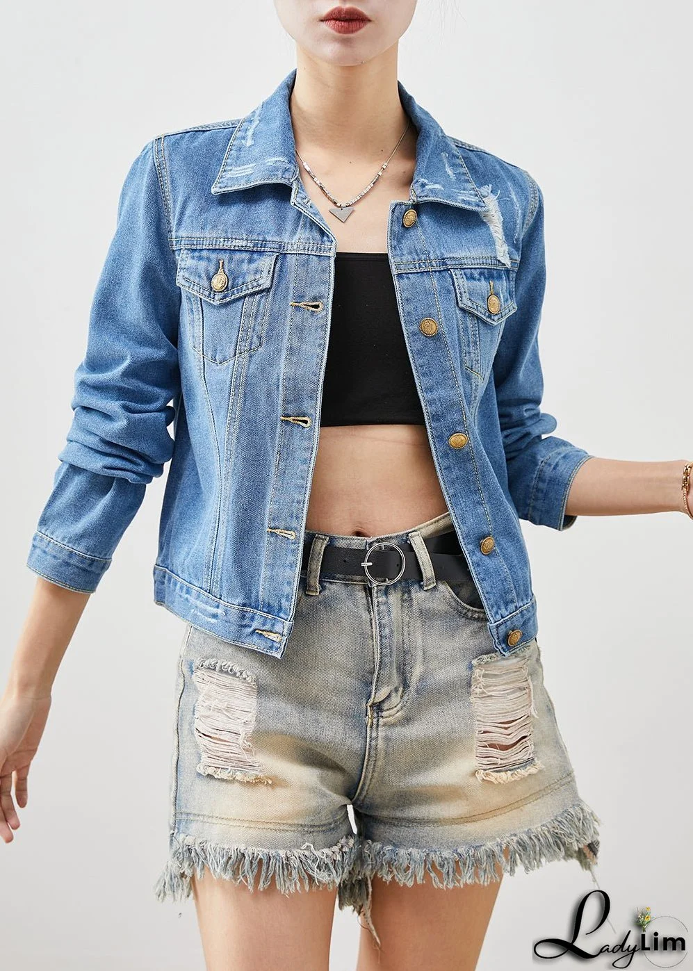 Boho Denim Blue Silm Fit Cotton Coats Spring