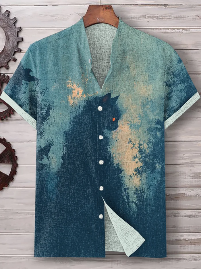 Men's Mysterious Dark Red Eyes Black Cat Gothic Oil Painting Print Shirt