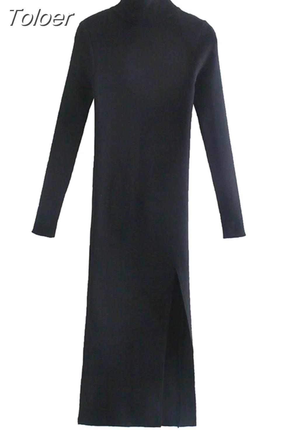 Toloer MODA 2023 Women Chic Fashion Front Slit Sheath Knit Midi Dress Vintage High Neck Long Sleeve Female Dresses Vestidos Mujer