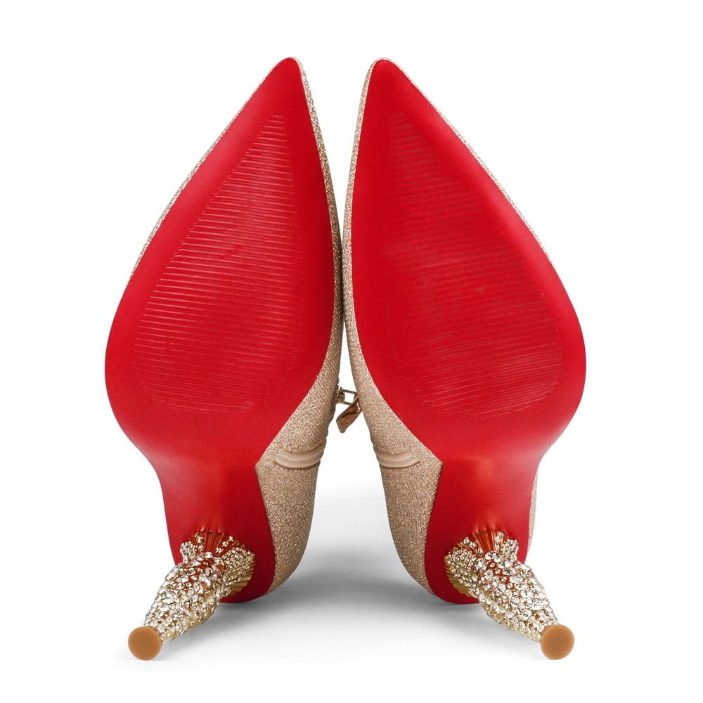 100mm Women's Pointed Toe Red Bottom Glitter Lipbooty High-Heel Booties Ankle Heeled Boots-MERUMOTE