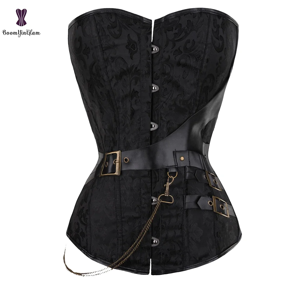 Billionm Size Black Women's Steampunk Corselet Boned Faux Leather Gothic Corset Burlesque Top With G String 907#