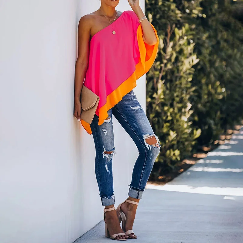 Loose Contrast Layered Off-Shoulder Top