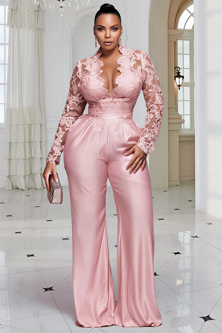 Xpluswear Design Plus Size Cocktail Party Pink V Neck Long Sleeve Pocket See Through Satin Jumpsuits 2024 - Xpluswear