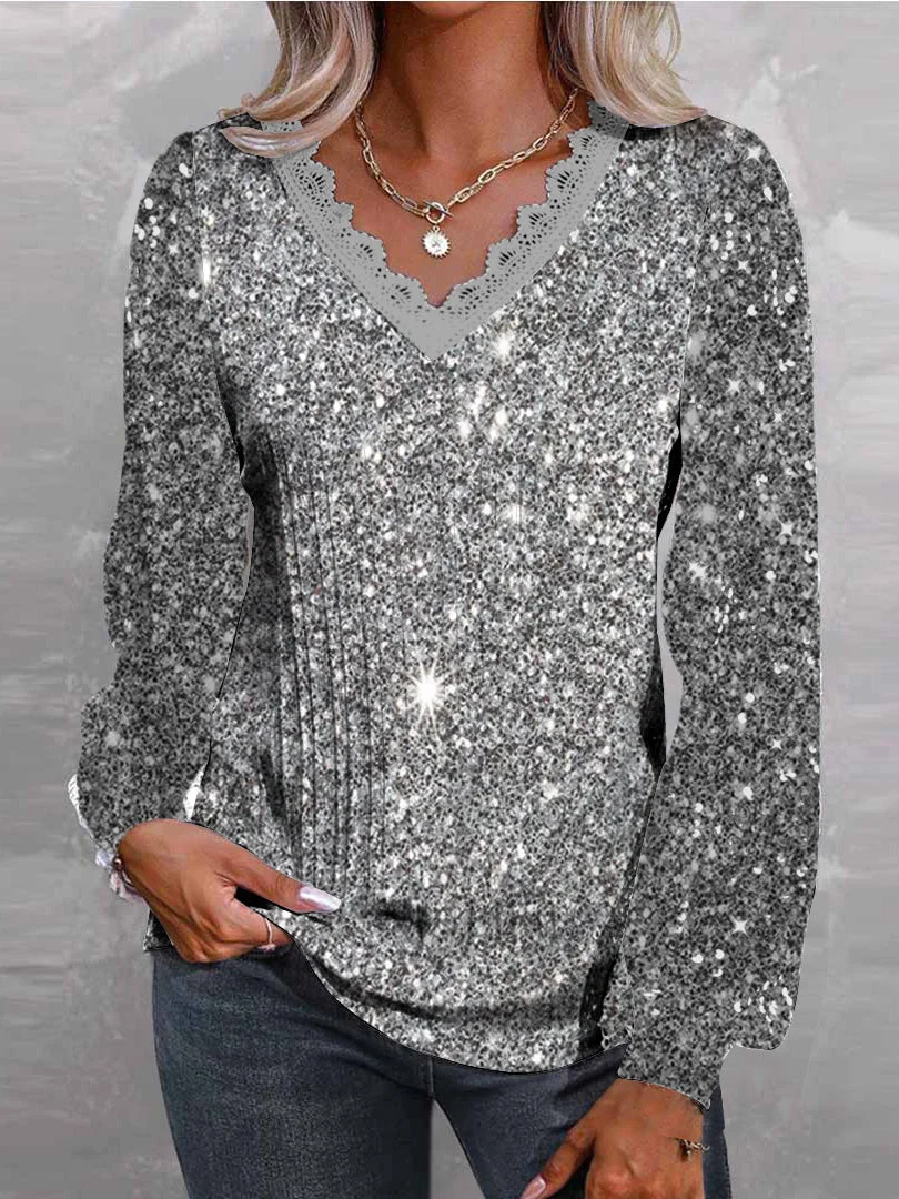 Women plus size clothing Women Long Sleeve V-neck Printed Graphic Lace Tops-Nordswear