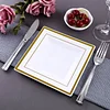 10 Pack | 7" Gold Trim White Plastic Square Dessert Plates, Disposable Appetizer Salad Plates