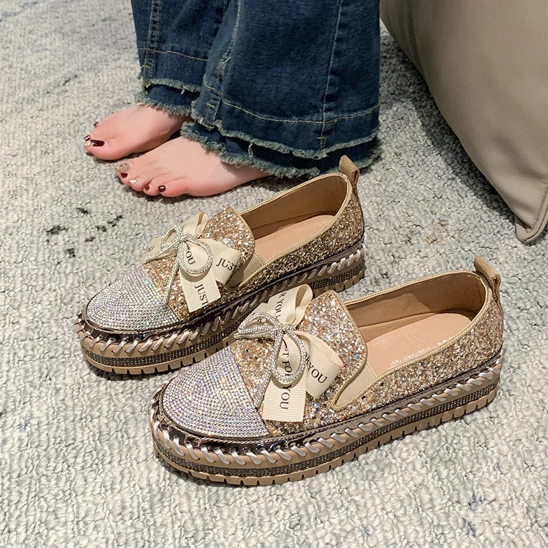 Yyvonne Pine Cake Single Shoes Women's Spring And Autumn New Fashion Thick Bottom Water Drill Bow Bow Korean Version Of Pedal Pedalle Lefu Shoes