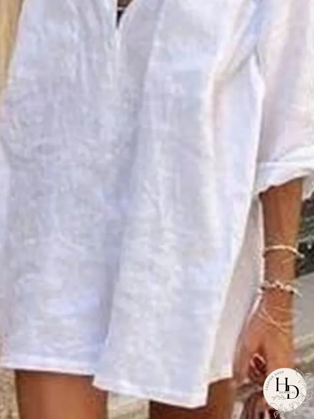 Cotton Linen Dress Casual Dress Shift Dress Mini Dress Cotton Blend Modern Casual Outdoor Daily Shirt Collar Pocket 3/4 Length Sleeve Summer Spring Fall Regular Fit White Plain S M L XL for Women