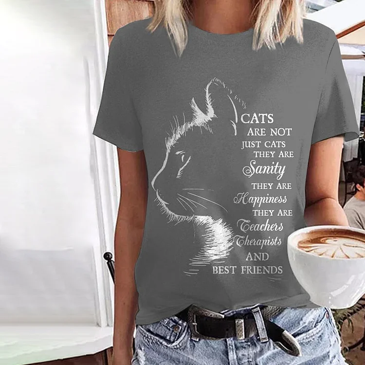Cat Print Round Neck Short Sleeve Casual T-Shirt