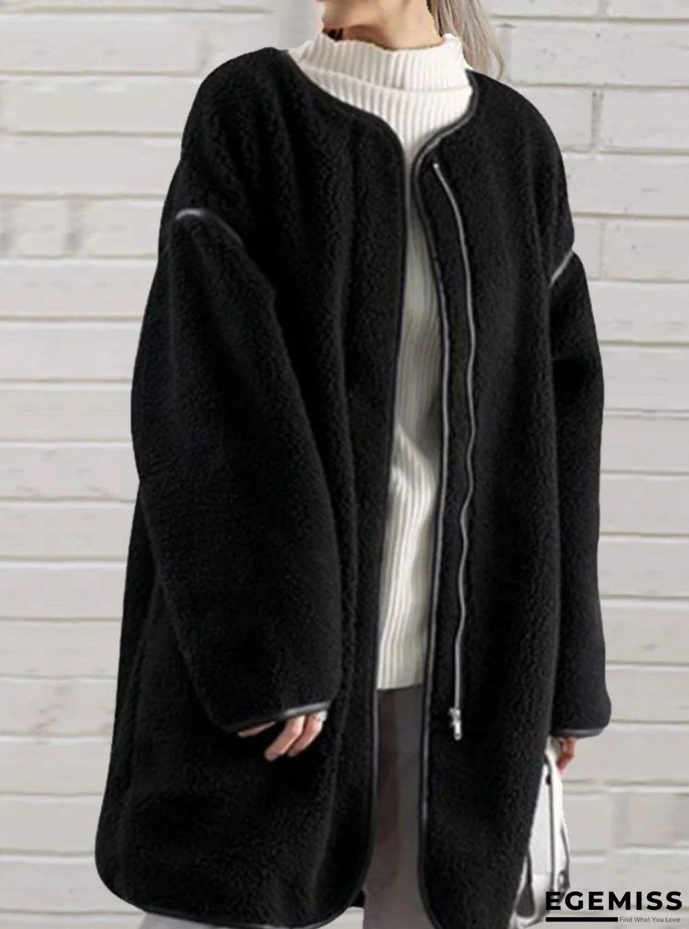 Loose Solid Color Stitching Long-Sleeved Round Neck Zipper Coat | EGEMISS