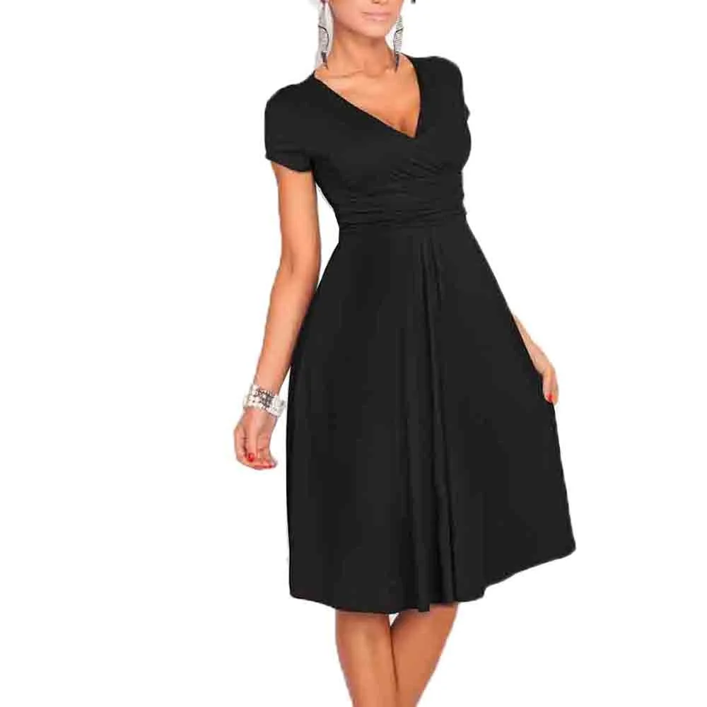 Elegant Women Dresses A-Line Solid Short Sleeve V-Neck Fit Clothing Robe Vintage 50s 60s Rockabilly Dress 2020