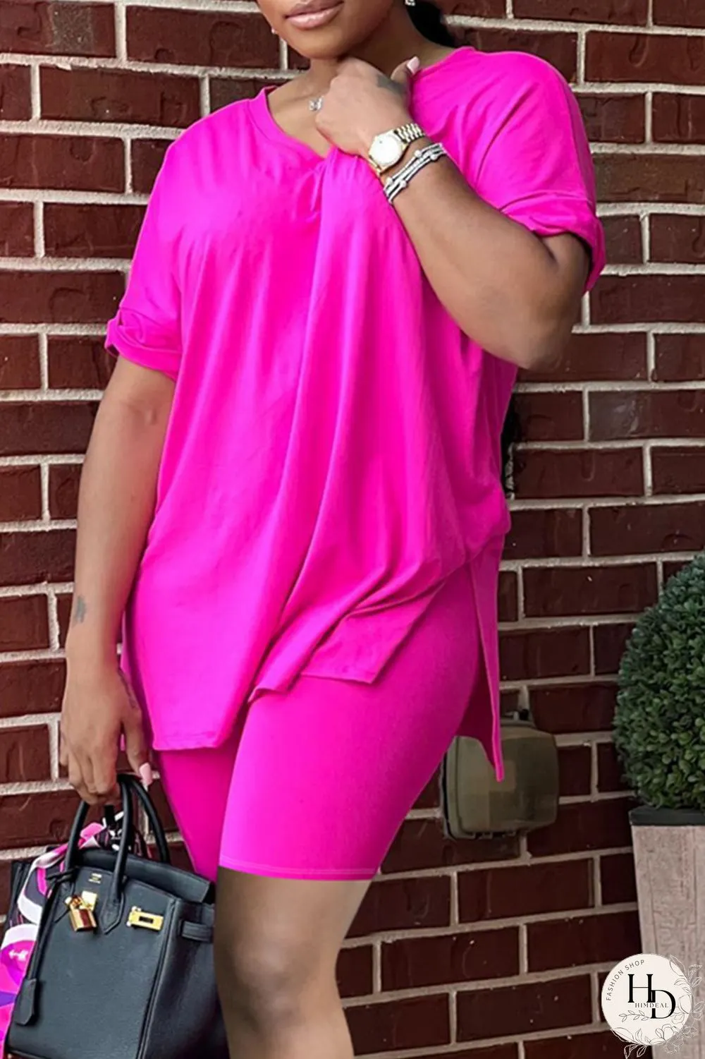 Blue Fashion Casual Solid Slit V Neck Short Sleeve Two Pieces
