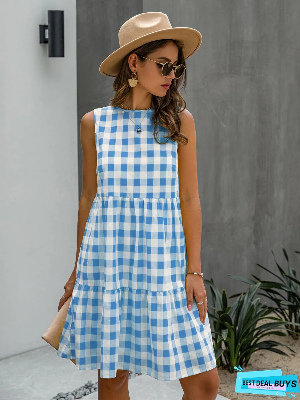 Fashion Round Neck Plaid Loose Female Plaid Dress Cake Skirt