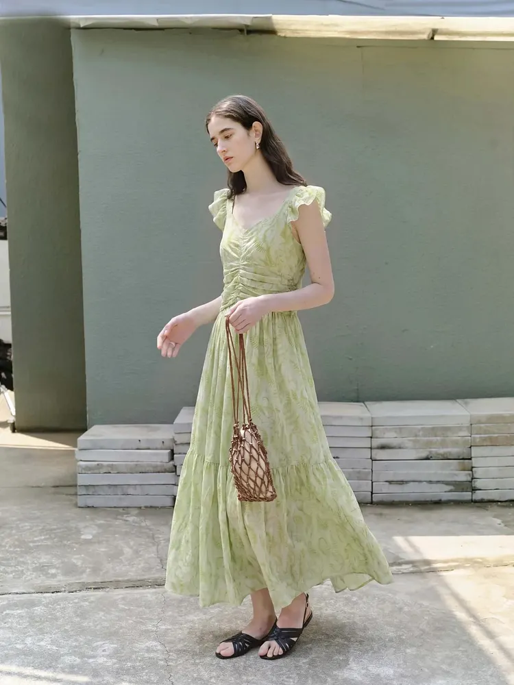 Green floral flowing sleeve long dress