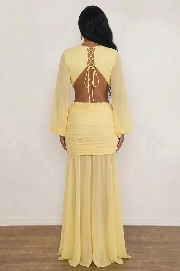 yellow backless dresses Bardot Satin Dress | Slight modifications might be made to improve garment quality Plunge Neck Lantern Sleeve Cut