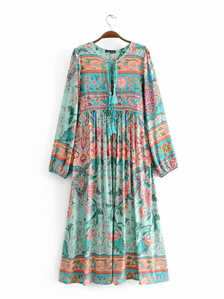 Vintage Chic Fashion Women Long Sleeve Tassel Red Floral Print Beach Bohemian Maxi Dresses Ladies Cotton Pleated Boho Dress Robe