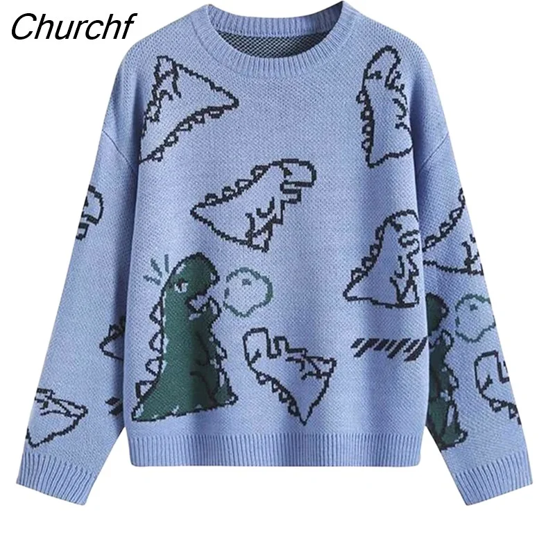 Churchf Women's Knit Sweater Argyle Cartoon Dinosaur Print Long Sleeve Pullover Jumper Top Knitwear Kawaii Streetwear for Teen Girls-Outfit Ideas