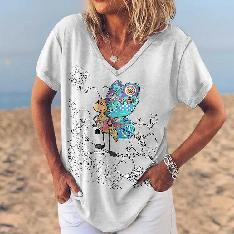Classic V-neck Bee On The Branch Printed Women's T-shirt