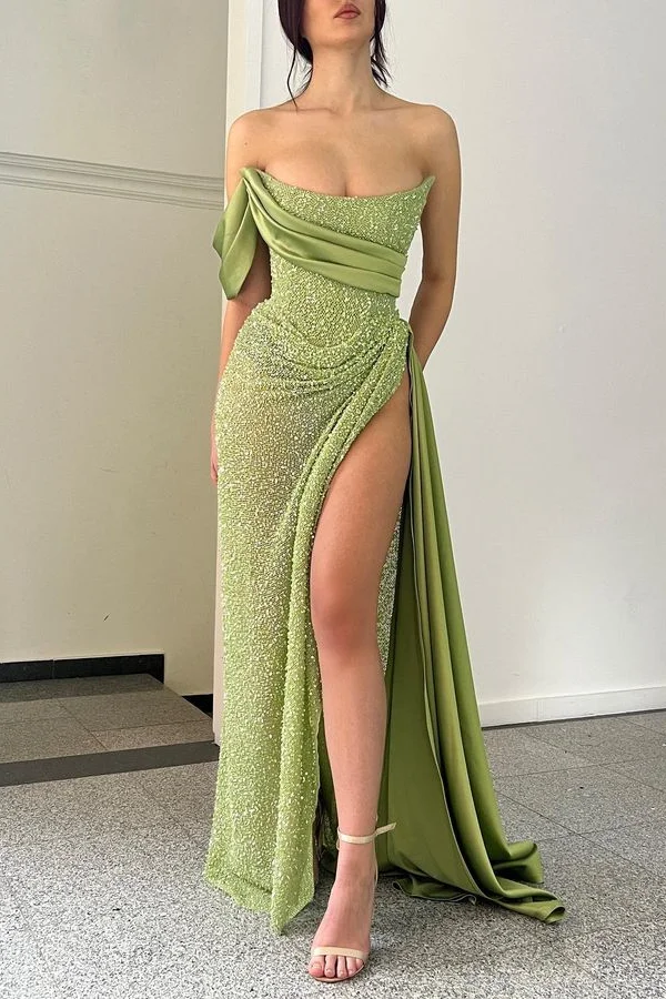 Bellasprom Sage Green Strapless Mermaid Prom Dress With High Split Bellasprom