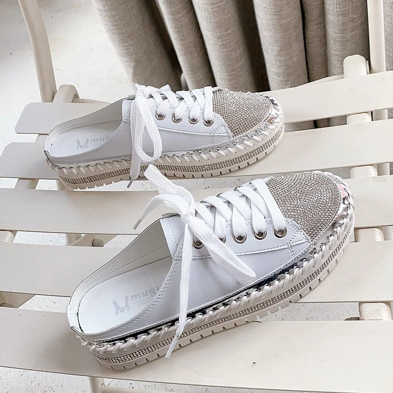 Crystals Round Toe Leather Flats Shoes Women Silver Bling Loafers Couple Platform Shoes Woman Flat With Students Size 43