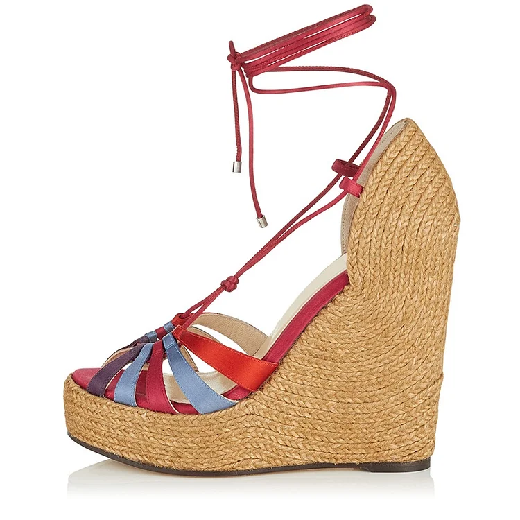 Red Ankle Strap Platform Wedge Heels Sandals |FSJ Shoes