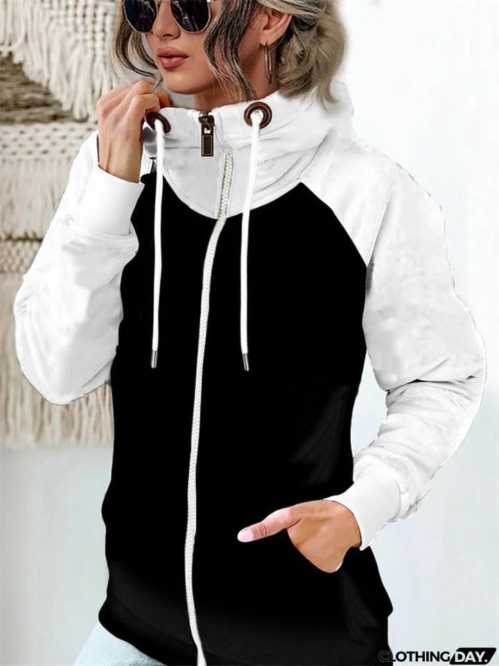 Fashion Colorblock Zip Up Drawstring Sweatshirt For Women