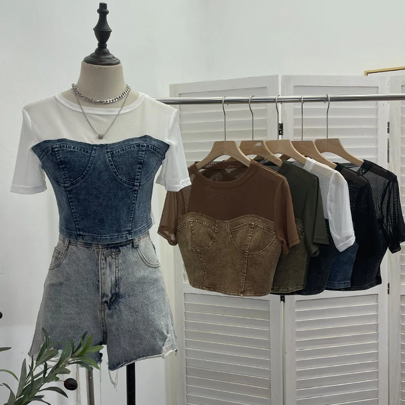 Uveng Real Shooting 2024 Summer Denim Splicing Mesh Yarn Short-Sleeved T-Shirt Design Fake Two Hot Girl Short Top 26231
