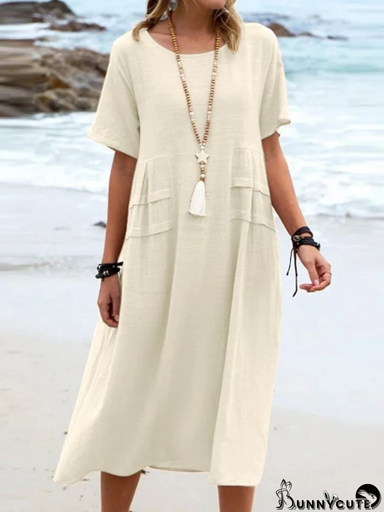 Loose Casual Cotton Linen Solid Color Mid Length Dress