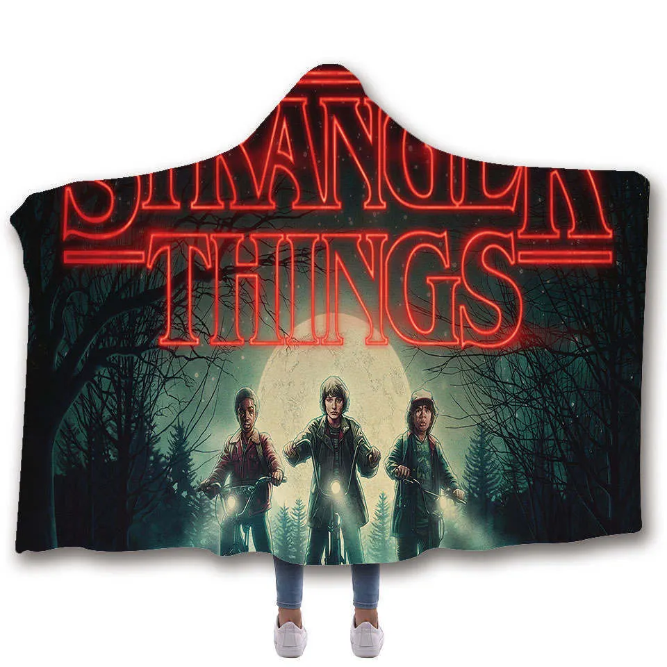 Stranger Things Hooded Blanket For children Sherpa Fleece Hoodie Blanket For Sofa Microfiber Mantle Throw Blanket For Travel