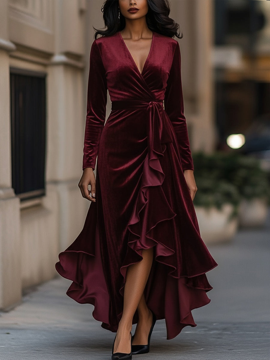 Velvet Ruffle Gown Burgundy Velvet Wrap Gown With Cascading Ruffle Hem