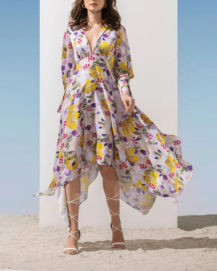 Satin Yellow Multi Printed Asymmetric Dress for wom