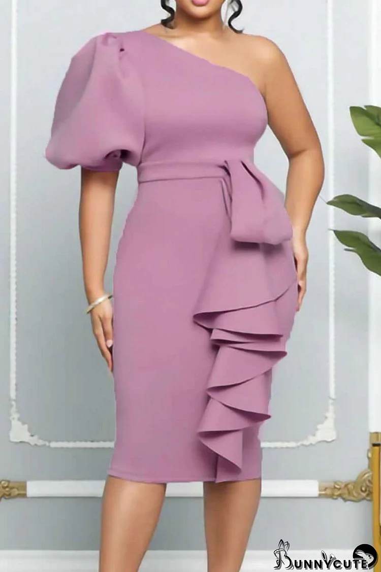 Light Purple Celebrities Solid Patchwork Flounce Oblique Collar Dresses