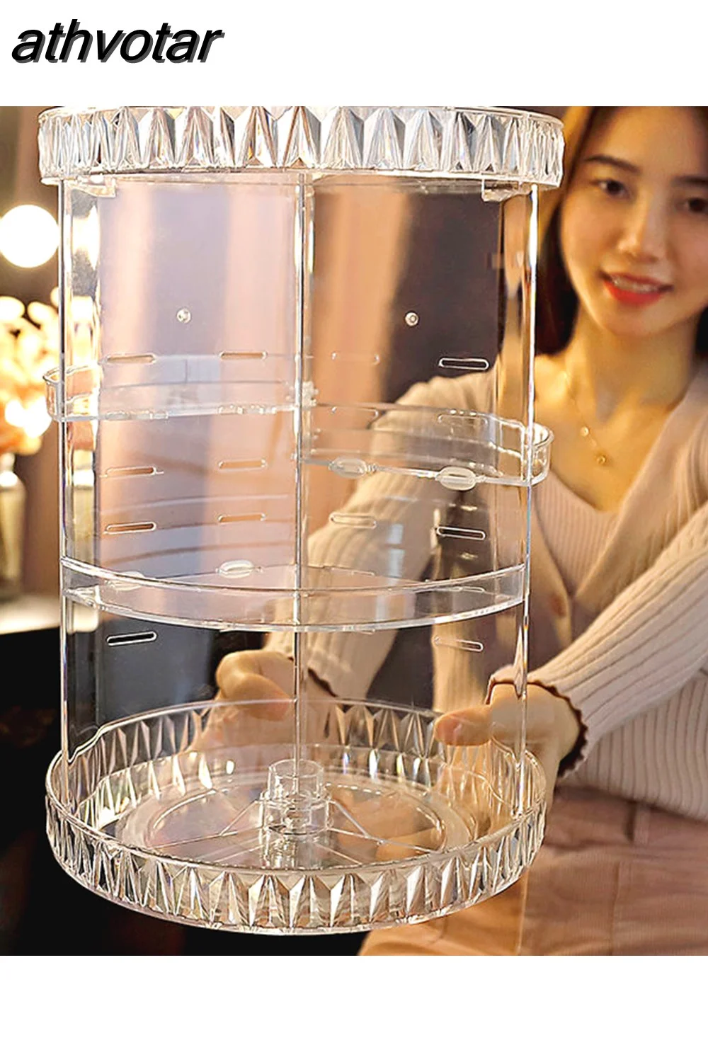 athvotar Degree Rotating Cosmetic Storage Box Make-up Organizer Lipstick Holder Transparent Crystal Display Stand Large Capacity