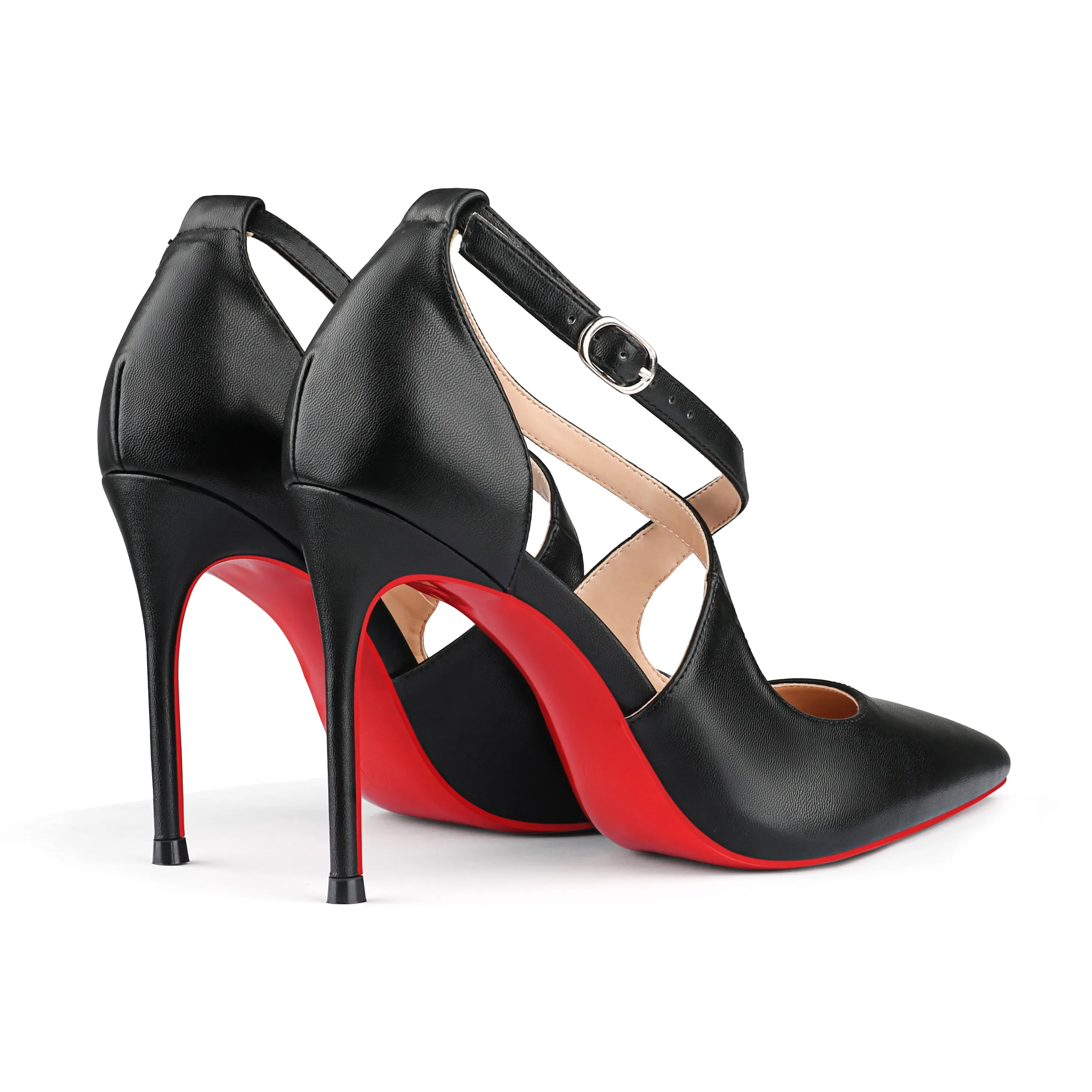 95mm Women's Pointed Toe Cross Strap Heels Red Bottoms Pumps Shoes Matte-vocosishoes