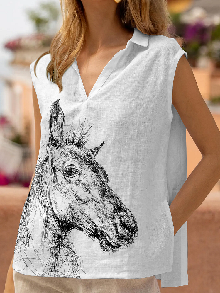 Horse Art Print Cotton and Linen Tops