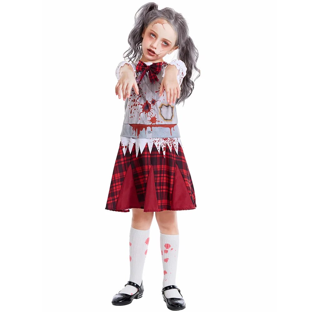 [Wetrose] Halloween Red Blood JK Cosplay Costume School Zombie Girl Uniform for Women Kids Kid Set Party Carnival Ripped