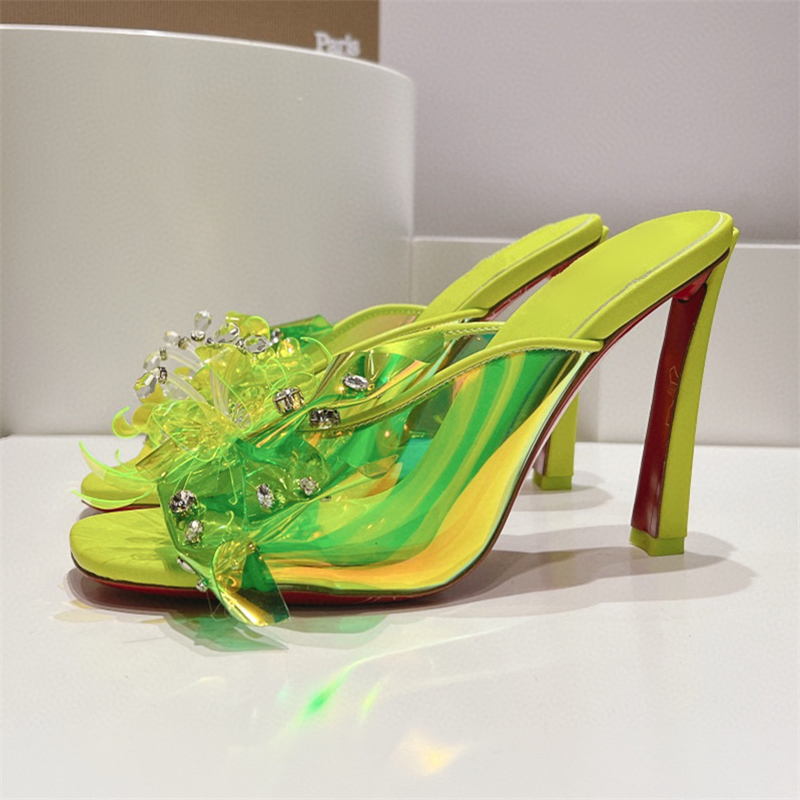 Diamond PVC Sequins Flower Mules For Girls Laser Clear Transparent Slingbacks High Heel Sandals