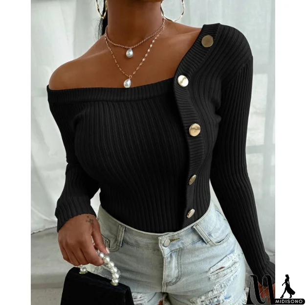 MidiSono - Fashion Stitching Button Long Sleeve Top