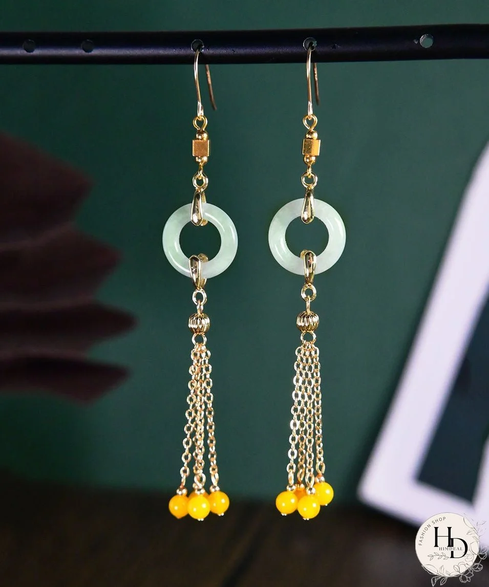 Unique Cyan 14K Gold Jade Beeswax Tassel Drop Earrings