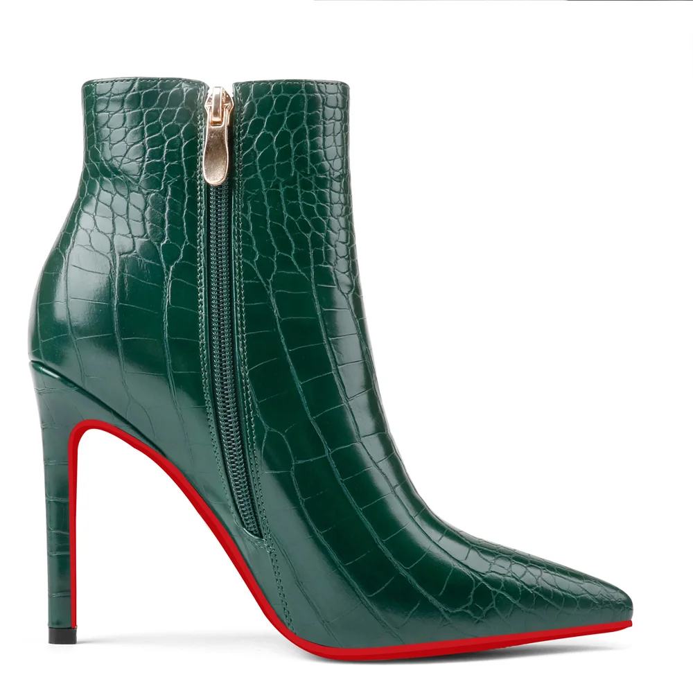 90mm Women's Ankle Boots Middle Heels Pointed Toe Stiletto Red Bottom Croc Boots-MERUMOTE