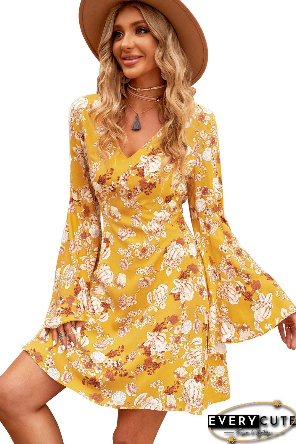 Yellow Bell Sleeves Floral Print Mini Dress