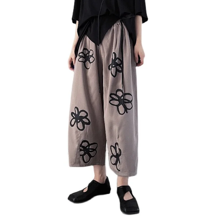 Fashion Flower Printed Folds Waist Pants      