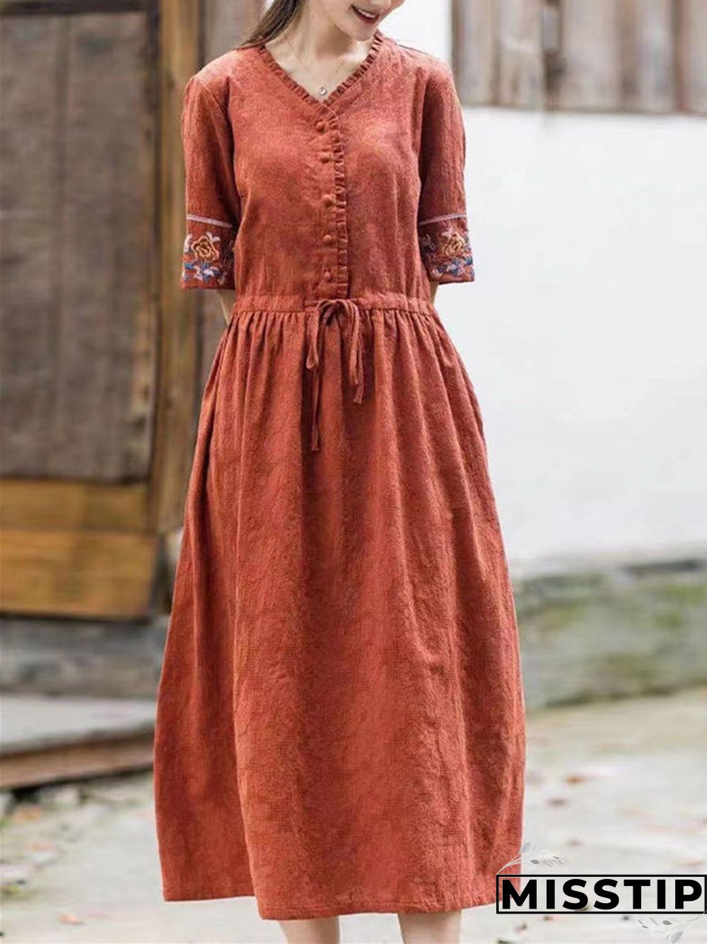 Embroidered V-neck Cotton Linen Dress Loose Lace Up Long Skirt