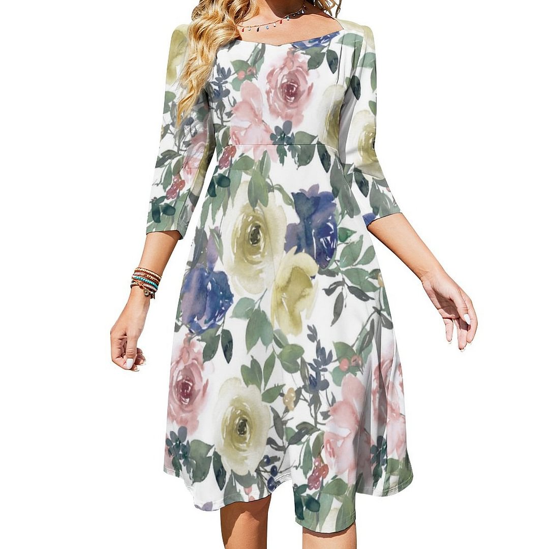 Floral Rose Garden Blue Cream White Champagne Pink Dress Sweetheart Tie Back Flared 3/4 Sleeve Midi Dresses
