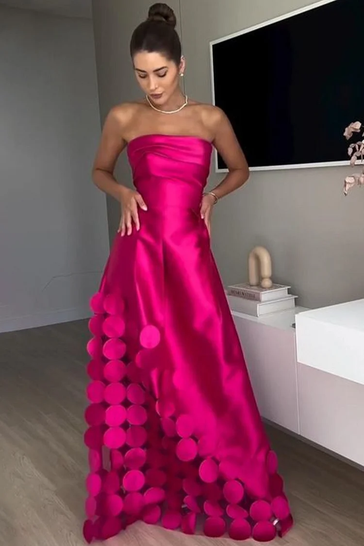 Strapless Dots Patchwork Satin Maxi Dress-Fuchsia