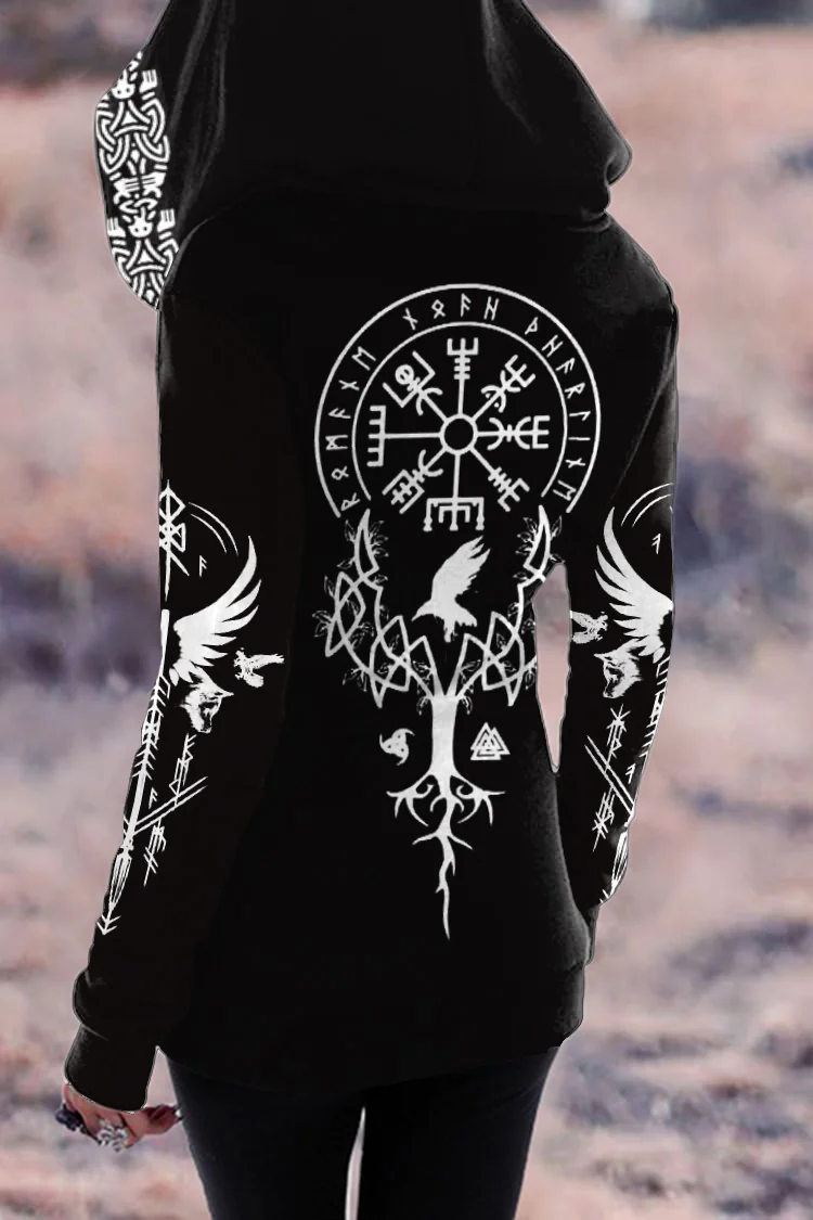 Tribal Viking Totem Contrast Print Zipper Hoodie