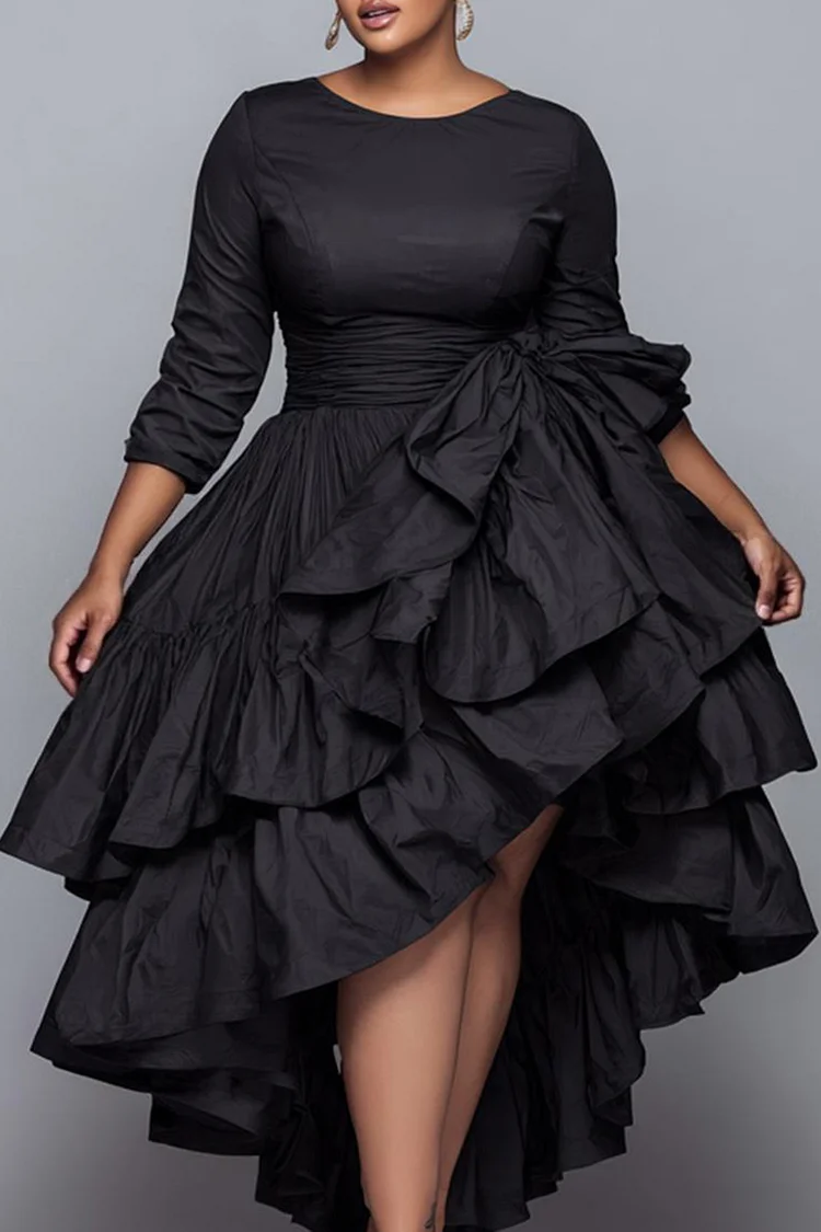 Xpluswear Design Plus Size Cocktail Party Black Round Neck 3/4 Sleeve Ruffle Elegant Asymmetric Hem Midi Dresses [Pre-Order]