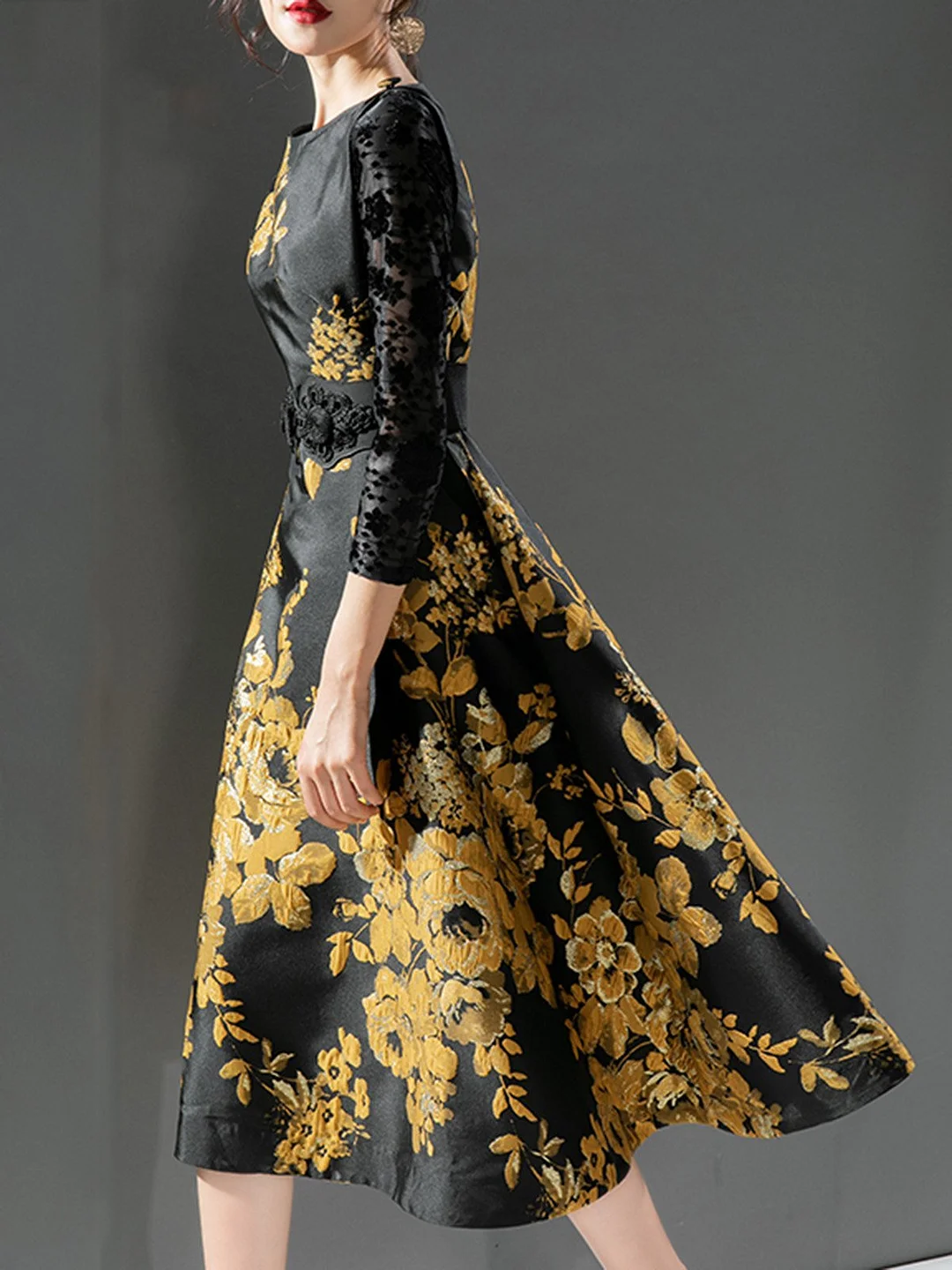 A-Line Cocktail Prom Party Elegant Floral-Print Midi Dress