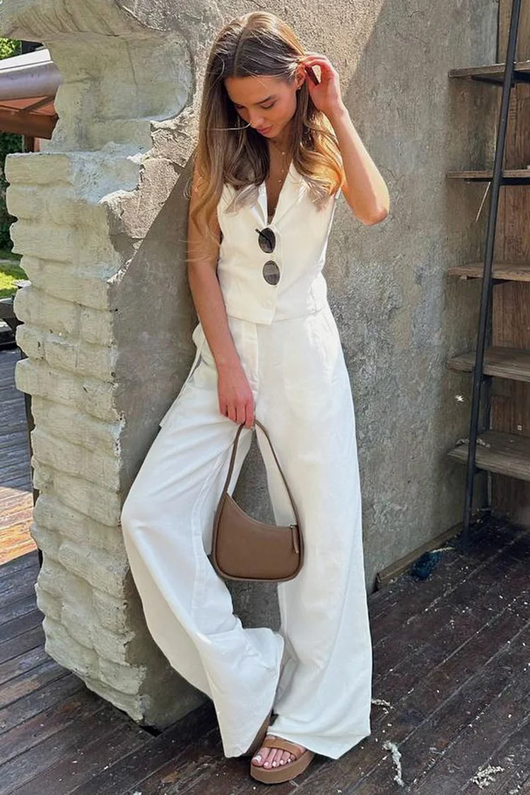 Sleeveless Button Up Turndown Collar Vest Pocket Wide Leg Pants Matching Set